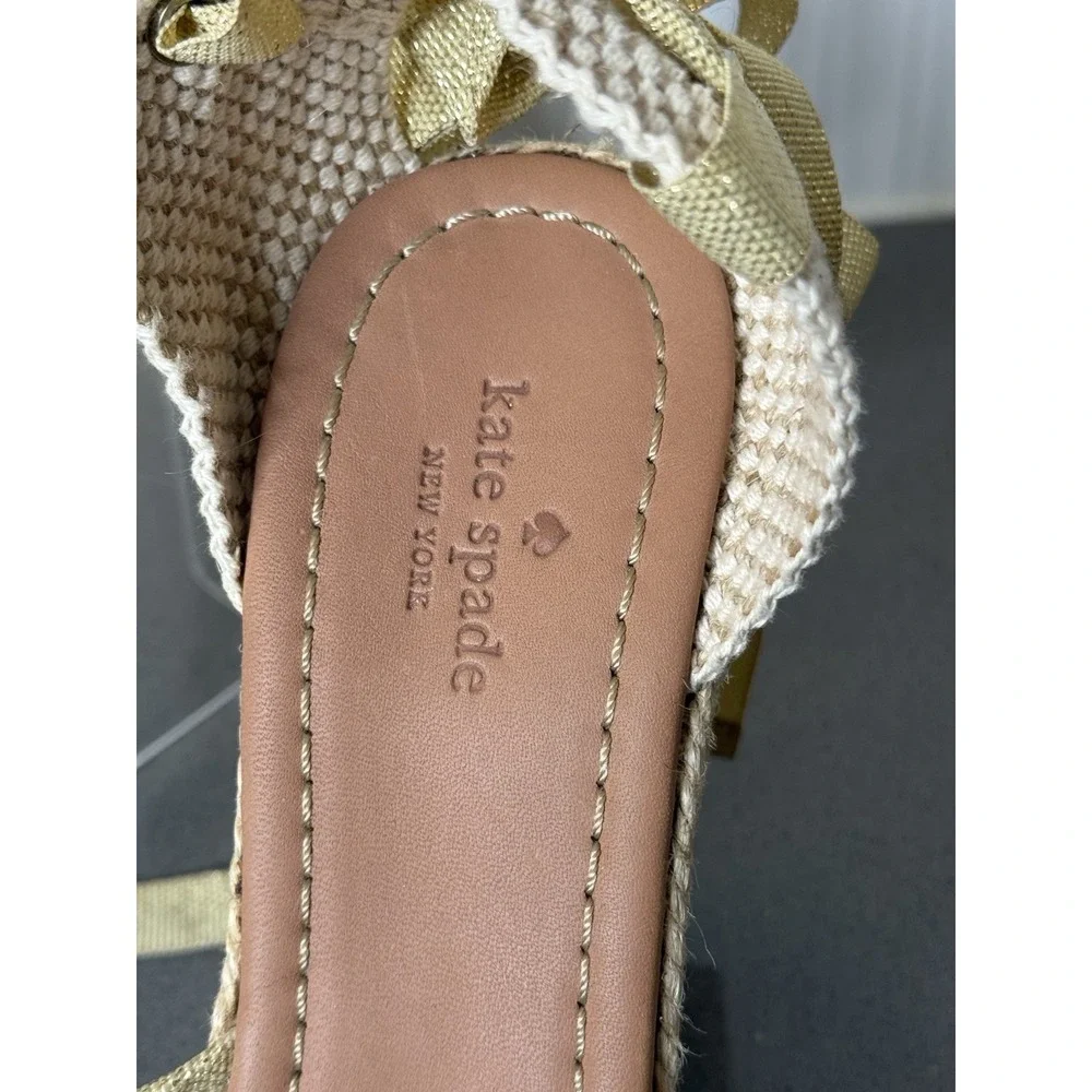 Kate Spade Gold Tan Espadrille Wedge Ankle Tie Sandals Shoes Women's Size 8M EUC